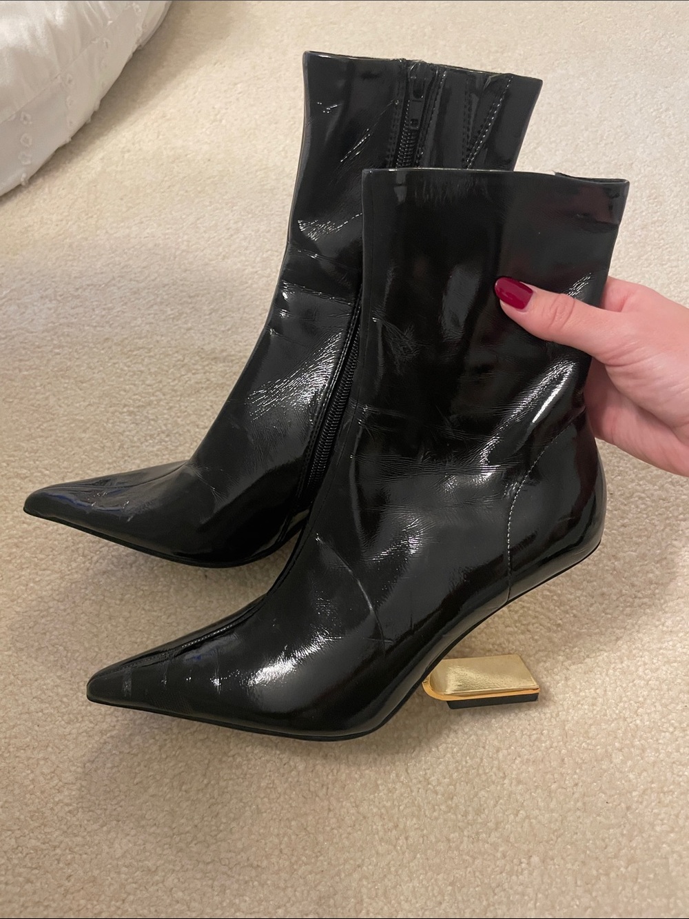 Jeffrey Campbell Black Patent Pointed Toe Ankle Boots with Gold Block Heel